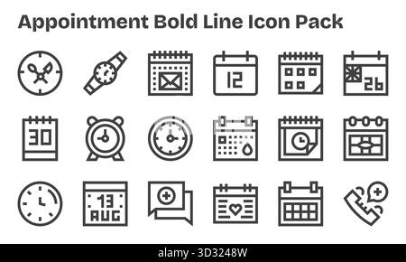 Eine übersichtliche Sammlung von 18 Bold Line Symbolen für Termine, die für moderne Dashboards und Schnittstellen entwickelt wurden. Stock Vektor