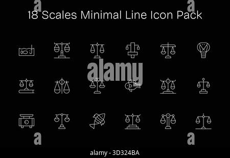 Kuratiertes Paket mit 18 Vektorsymbolen im Minimal Line Design, zentriert um Maßstabskonzepte. Stock Vektor