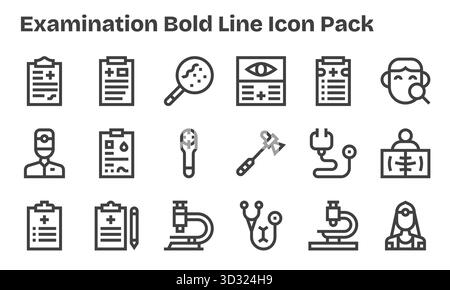 Diese Kollektion umfasst 18 Symbole im Stil der Bold Line, die speziell auf das Untersuchungsthema abgestimmt sind und sich hervorragend für digitales Design eignen. Stock Vektor
