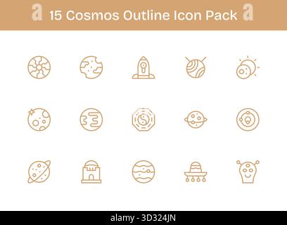 Ein vielseitiger Satz von 15 Konturvektorsymbolen mit Schwerpunkt auf Cosmos, ideal für mobile und Web-Anwendungen. Stock Vektor