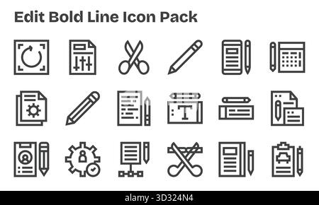 Ein vielseitiger Satz von 18 Vektorsymbolen mit Schwerpunkt auf Bearbeiten, ideal für mobile Anwendungen und Webanwendungen. Stock Vektor