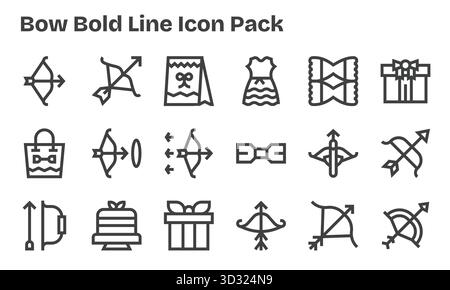 Eine übersichtliche Sammlung von 18 Bold Line Symbolen, die Bow repräsentieren und für moderne Dashboards und Schnittstellen entwickelt wurden. Stock Vektor