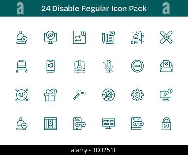 Ein vielseitiger Satz von 24 Vektorsymbolen für normale Konturen mit Schwerpunkt auf Deaktivieren, ideal für mobile und Web-Anwendungen. Stock Vektor