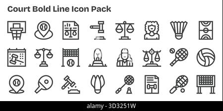Ein vielseitiger Satz von 24 fett formatierten Vektorsymbolen für den Court, ideal für mobile Anwendungen und Webanwendungen. Stock Vektor