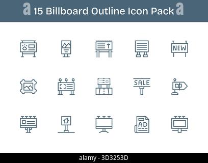Diese Kollektion umfasst 15 Symbole im Outline-Stil, die speziell auf das Thema Reklametafeln zugeschnitten sind und sich hervorragend für digitales Design eignen. Stock Vektor