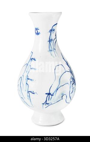 Elegante leere Vase aus weißem und blauem Porzellan isoliert auf weißem Hintergrund Stockfoto