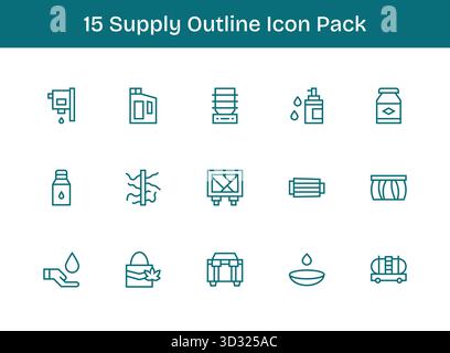 Ein vielseitiger Satz von 15 Konturvektorsymbolen mit Fokus auf Verbrauchsmaterial, ideal für mobile und Web-Anwendungen. Stock Vektor