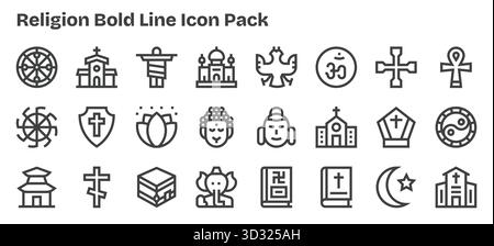 Diese Kollektion enthält 24 Symbole im Stil der „Bold Outline“, die speziell auf das Thema Religion zugeschnitten sind und sich hervorragend für digitales Design eignen. Stock Vektor