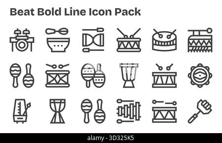Entdecken Sie ein Set von 18 Bold Line Symbolen, die für das Beat-Thema entwickelt wurden und ideal für moderne UI/UX-Projekte geeignet sind. Stock Vektor