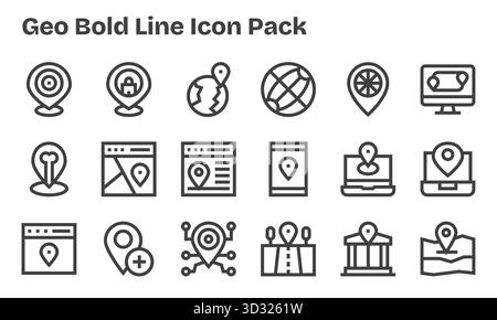 Kuratiertes Paket mit 18 Vektorsymbolen im Bold Line-Design, das sich um Geo-Konzepte dreht. Stock Vektor