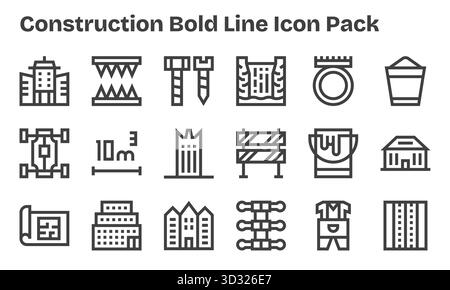 Kuratiertes Paket mit 18 Vektorsymbolen in Bold Line-Design, das sich um Konstruktionskonzepte dreht. Stock Vektor