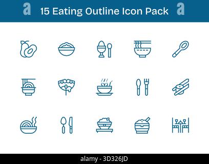 Ein vielseitiges Set von 15 Konturvektorsymbolen, die sich auf das Essen konzentrieren, ideal für mobile Anwendungen und Webanwendungen. Stock Vektor
