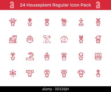 Entdecken Sie ein Set von 24 Symbolen für die reguläre Kontur, die speziell für das Thema Zimmerpflanzen entwickelt wurden und sich ideal für moderne UI/UX-Projekte eignen. Stock Vektor