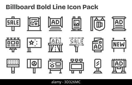 Kuratiertes Paket mit 18 Vektorsymbolen im Bold Line-Design, das sich um Konzepte für Reklametafeln dreht. Stock Vektor