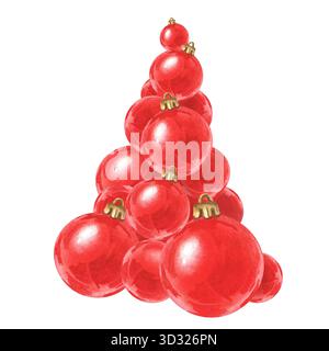 Eine Komposition roter Weihnachtskugeln in Form eines Weihnachtsbaumes. Eine Pyramide von Bällen. Aquarellabbildung. Stockfoto