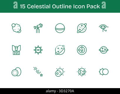 Ein dynamisches Set aus 15 Symbolen im Outline-Stil, speziell für die Himmlischen und digitalen Produkte. Stock Vektor