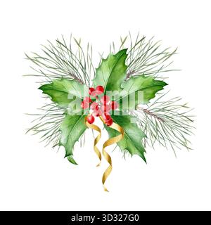 Ein Set mit Aquarellschmuck mit Tanne, Zweigen und stechpalmenbeeren. Designelemente. Stockfoto