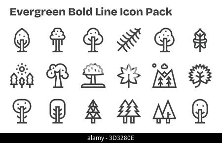 Ein vielseitiger Satz von 18 Vektorsymbolen mit Schwerpunkt auf Evergreen, ideal für mobile Anwendungen und Webanwendungen. Stock Vektor
