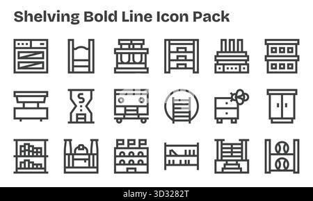 Sammlung von 18 Vektorsymbolen im Stil der Bold Line für Regale, die für Klarheit und Vielseitigkeit entwickelt wurden. Stock Vektor