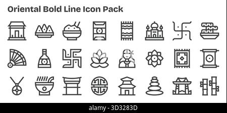 Ein vielseitiger Satz von 24 fett formatierten Vektorsymbolen mit Fokus auf Oriental, ideal für mobile Anwendungen und Webanwendungen. Stock Vektor
