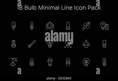 Professionell gestaltete 18 Symbole im Minimal Line-Stil, die das Wesen der Glühlampe für das UI-Design einfangen. Stock Vektor