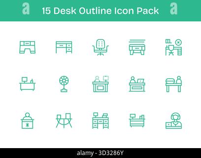 Optimieren Sie Ihre Projekte mit 15 Umrisssymbolen rund um den Schreibtisch, ideal für saubere und professionelle Designs. Stock Vektor