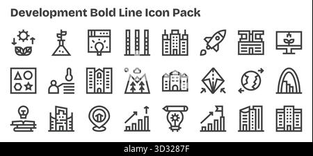 Ein vielseitiger Satz von Vektorsymbolen mit 24 fett formatierten Konturen für Entwicklung, ideal für mobile Anwendungen und Webanwendungen. Stock Vektor