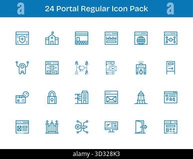 Ein vielseitiger Satz von 24 Vektorsymbolen für reguläre Konturen mit Schwerpunkt auf Portal, ideal für mobile und Web-Anwendungen. Stock Vektor