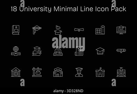 Eine übersichtliche Sammlung von 18 Minimal Line Symbolen für University, die für moderne Dashboards und Schnittstellen entwickelt wurden. Stock Vektor