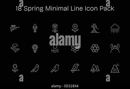 Entdecken Sie ein Set von 18 Minimal Line Symbolen, die für das Frühlingsthema entwickelt wurden und ideal für moderne UI/UX-Projekte geeignet sind. Stock Vektor