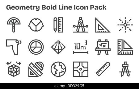 Ein vielseitiger Satz von 18 Vektorsymbolen mit Schwerpunkt auf Geometrie, ideal für mobile Anwendungen und Web-Anwendungen. Stock Vektor