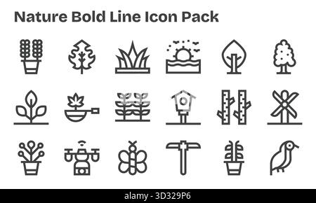 Entdecken Sie ein Set von 18 Bold Line Symbolen, die speziell für das Thema Natur entwickelt wurden und sich ideal für moderne UI/UX-Projekte eignen. Stock Vektor