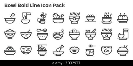 Ein vielseitiger Satz von 24 Bold Outline Vektorsymbolen mit Schwerpunkt auf Bowl, ideal für mobile und Web-Anwendungen. Stock Vektor