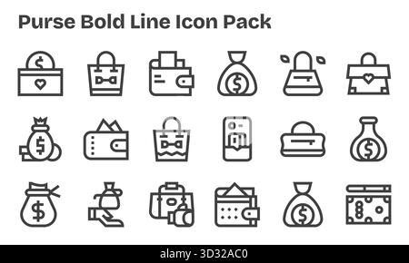 Kollektion von 18 Vektorsymbolen im Bold Line-Stil für Handtasche, für Klarheit und Vielseitigkeit. Stock Vektor