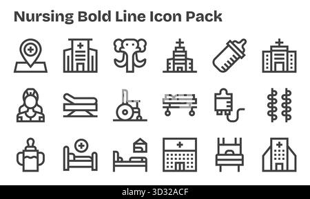 Kollektion von 18 Vektorsymbolen im Stil der Bold Line für die Pflege, die für Klarheit und Vielseitigkeit entwickelt wurden. Stock Vektor