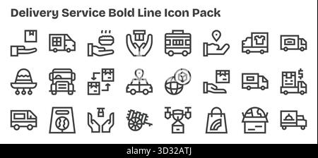 Eine übersichtliche Sammlung von 24 fetten Gliederungssymbolen für den Delivery Service, die für moderne Dashboards und Schnittstellen entwickelt wurden. Stock Vektor
