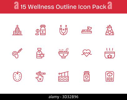 Ein vielseitiges Set aus 15 Vektorsymbolen für Outline-Vektoren mit Schwerpunkt auf Wellness, ideal für mobile Anwendungen und Webanwendungen. Stock Vektor