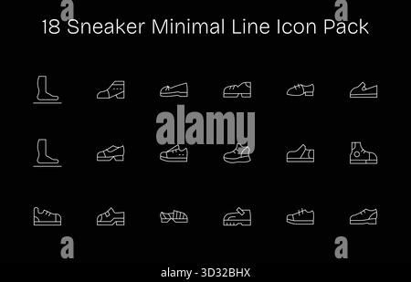 Kuratiertes Paket mit 18 Vektorsymbolen im Minimal Line-Design, das sich um Sneaker-Konzepte dreht. Stock Vektor