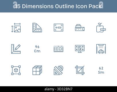 Dieses Set aus 15 Gliederungssymbolen erfasst Dimensionsthemen, die sich perfekt für technische und geschäftliche Anwendungen eignen. Stock Vektor