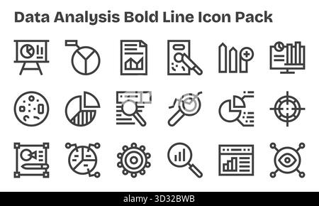 Dieses Set aus 18 Symbolen mit fettgedruckten Linien erfasst Datenanalysen, die sich perfekt für technische und geschäftliche Anwendungen eignen. Stock Vektor