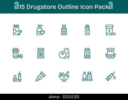 Ein dynamisches Set aus 15 Symbolen im Outline-Stil, speziell für die Drugstore und für digitale Produkte. Stock Vektor