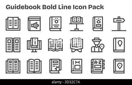 Ein vielseitiger Satz von 18 Vektorsymbolen mit Schwerpunkt auf Reiseführer, ideal für mobile Anwendungen und Web-Anwendungen. Stock Vektor