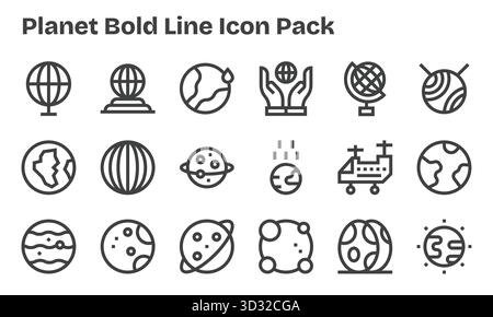 Ein vielseitiger Satz von 18 Vektorsymbolen mit Schwerpunkt auf Planet, ideal für mobile Anwendungen und Webanwendungen. Stock Vektor