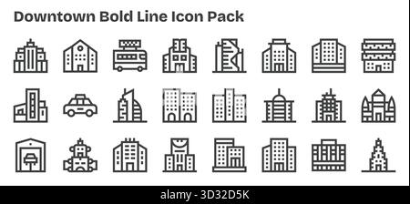Ein vielseitiger Satz von 24 fett formatierten Vektorsymbolen für die Innenstadt, ideal für mobile Anwendungen und Webanwendungen. Stock Vektor