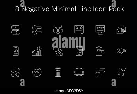 Kuratiertes Paket mit 18 Vektorsymbolen im Minimal Line Design, das sich um negative Konzepte dreht. Stock Vektor