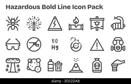 Professionell gestaltete 18 Icons im Bold Line-Stil, die das Wesen von „Hazard for UI Design“ erfassen. Stock Vektor