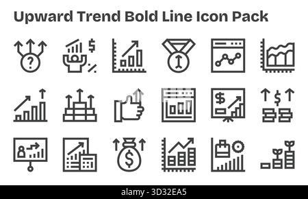 Ein vielseitiger Satz von 18 Vektorsymbolen mit fettgedruckten Linien, die sich auf den Aufwärtstrend konzentrieren und ideal für mobile und Web-Anwendungen geeignet sind. Stock Vektor