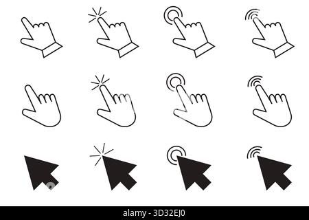 Cursor-Pfeilzeiger, klicken Sie hier Maussymbol laden. Zeiger-Cursor und Ladesymbol. Cursorsymbole klicken auf Set (Festlegen). Touchscreen-Symbol, Zeigerzeichen und Symbol. Vektorabbildung Stock Vektor
