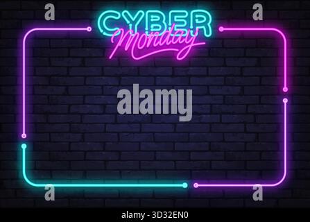 Der Titel Cyber Monday in leuchtendem Neonlicht mit farbenfroher Borte lässt Platz für Promo-Text oder Rabattangebote. Vektorabbildung Stock Vektor