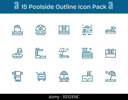 Set aus 15 Symbolen im Outline-Stil rund um Poolside, die für die nahtlose Integration in Apps und Websites konzipiert wurden. Stock Vektor